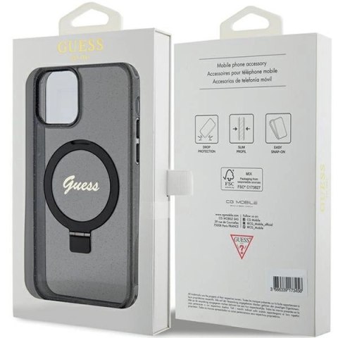 Etui Guess Ring Stand Script Glitter MagSafe na iPhone 12/12 Pro - czarne