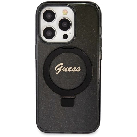 Etui Guess Ring Stand Script Glitter MagSafe na iPhone 13 Pro / 13 - czarne