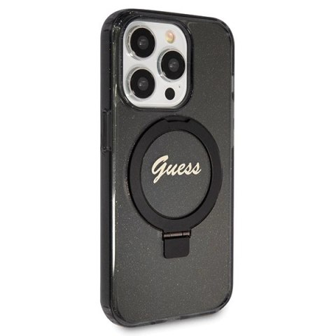 Etui Guess Ring Stand Script Glitter MagSafe na iPhone 13 Pro / 13 - czarne