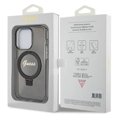 Etui Guess Ring Stand Script Glitter MagSafe na iPhone 13 Pro / 13 - czarne