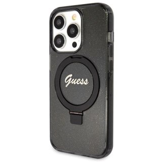 Etui Guess Ring Stand Script Glitter MagSafe na iPhone 13 Pro Max - czarne