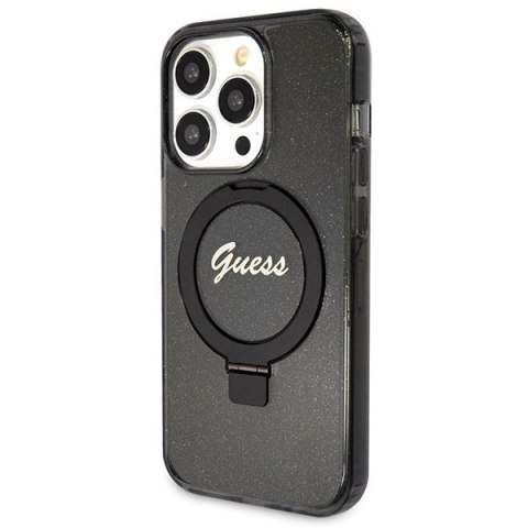 Etui Guess Ring Stand Script Glitter MagSafe na iPhone 13 Pro Max - czarne