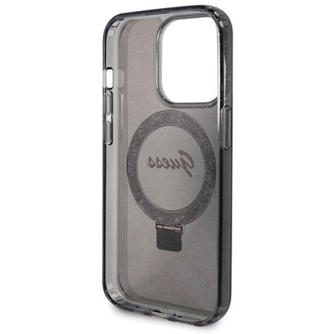 Etui Guess Ring Stand Script Glitter MagSafe na iPhone 14 Pro - czarne