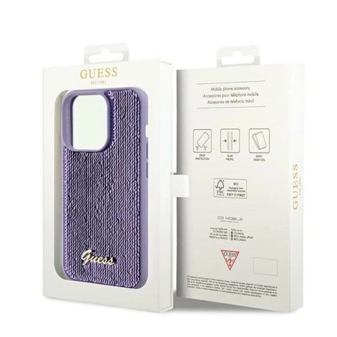 Etui Guess Sequin Script Metal na iPhone 13 Pro / 13 - fioletowe