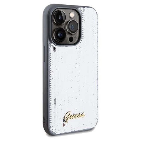 Etui Guess Sequin Script Metal na iPhone 14 Pro - srebrne