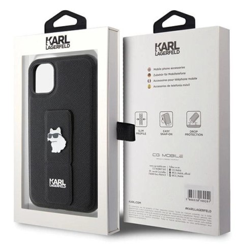 Etui Karl Lagerfeld Gripstand Saffiano Choupette Pins na iPhone 11 / Xr - czarne Etui Karl Lagerfeld Gripstand Saffiano Choupette Pins na iPhone 11 / Xr - czarne
