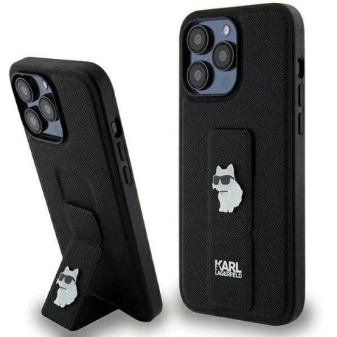 Etui Karl Lagerfeld Gripstand Saffiano Choupette Pins na iPhone 13 Pro / 13 - czarne