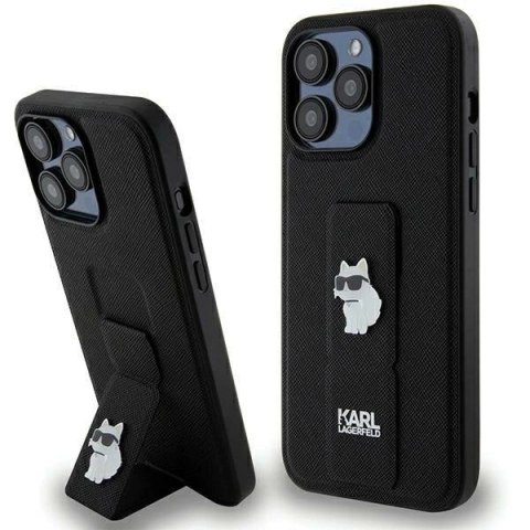Etui Karl Lagerfeld Gripstand Saffiano Choupette Pins na iPhone 13 Pro Max - czarne Etui Karl Lagerfeld Gripstand Saffiano Choupette Pins na iPhone 13 Pro Max - czarne