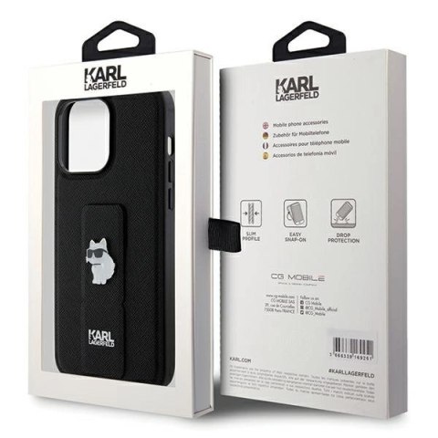 Etui Karl Lagerfeld Gripstand Saffiano Choupette Pins na iPhone 13 Pro Max - czarne Etui Karl Lagerfeld Gripstand Saffiano Choupette Pins na iPhone 13 Pro Max - czarne