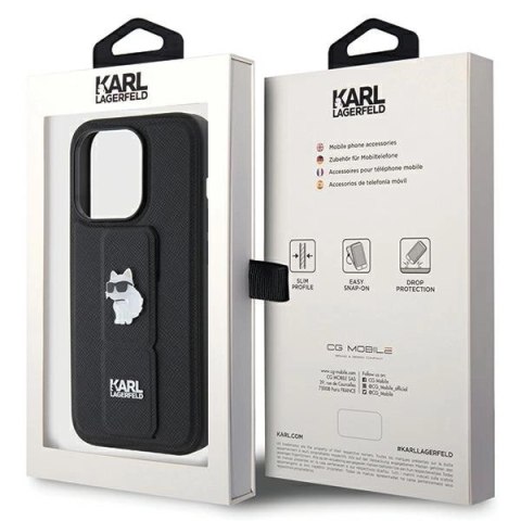 Etui Karl Lagerfeld Gripstand Saffiano Choupette Pins na iPhone 14 Pro Max - czarne