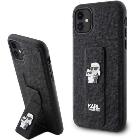 Etui Karl Lagerfeld Gripstand Saffiano Karl&Choupette Pins na iPhone 11 / Xr - czarne Etui Karl Lagerfeld Gripstand Saffiano Karl&Choupette Pins na iPhone 11 / Xr - czarne