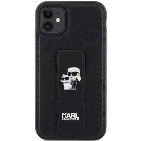 Etui Karl Lagerfeld Gripstand Saffiano Karl&Choupette Pins na iPhone 11 / Xr - czarne Etui Karl Lagerfeld Gripstand Saffiano Karl&Choupette Pins na iPhone 11 / Xr - czarne