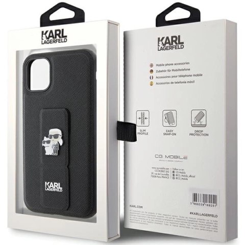 Etui Karl Lagerfeld Gripstand Saffiano Karl&Choupette Pins na iPhone 11 / Xr - czarne Etui Karl Lagerfeld Gripstand Saffiano Karl&Choupette Pins na iPhone 11 / Xr - czarne
