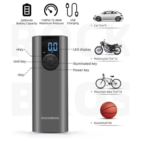 Elektryczna pompka do roweru Rockbros 42720001001 z wyświetlaczem LED + kabel USB-C - USB-A - czarna Elektryczna pompka do roweru Rockbros 42720001001 z wyświetlaczem LED + kabel USB-C - USB-A - czarna
