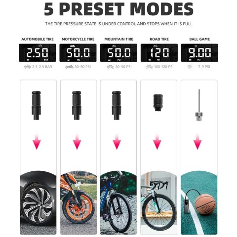 Elektryczna pompka do roweru Rockbros 42720001001 z wyświetlaczem LED + kabel USB-C - USB-A - czarna Elektryczna pompka do roweru Rockbros 42720001001 z wyświetlaczem LED + kabel USB-C - USB-A - czarna