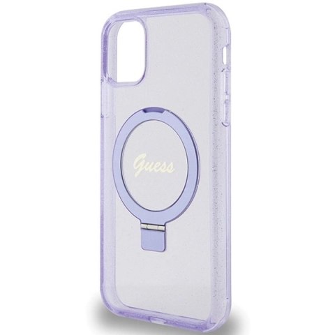 Etui Guess Ring Stand Script Glitter MagSafe na iPhone 11 / Xr - fioletowe