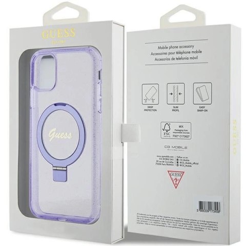 Etui Guess Ring Stand Script Glitter MagSafe na iPhone 11 / Xr - fioletowe