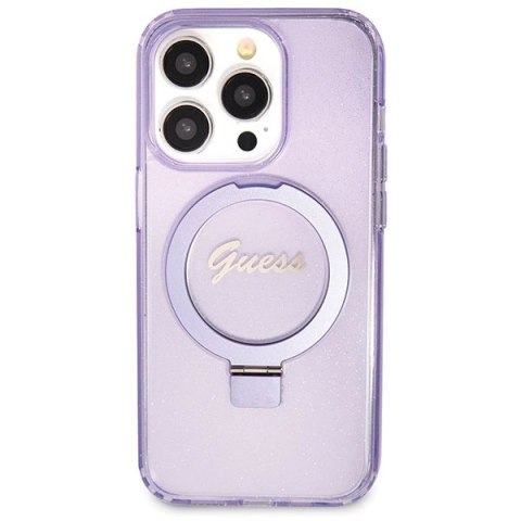 Etui Guess Ring Stand Script Glitter MagSafe na iPhone 14 Pro - fioletowe