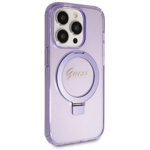 Etui Guess Ring Stand Script Glitter MagSafe na iPhone 14 Pro - fioletowe