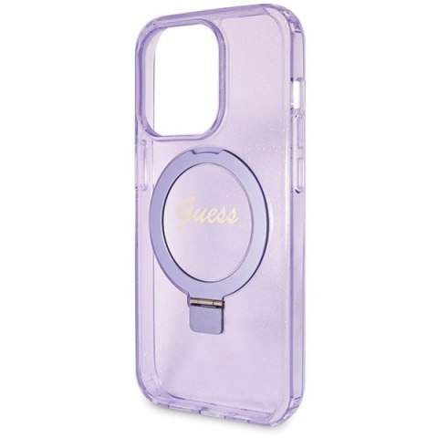 Etui Guess Ring Stand Script Glitter MagSafe na iPhone 14 Pro - fioletowe
