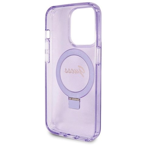 Etui Guess Ring Stand Script Glitter MagSafe na iPhone 14 Pro - fioletowe