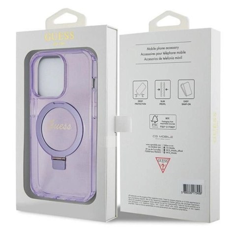 Etui Guess Ring Stand Script Glitter MagSafe na iPhone 14 Pro - fioletowe