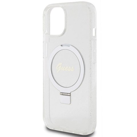 Etui Guess Ring Stand Script Glitter MagSafe na iPhone 15 / 14 / 13 - przezroczyste