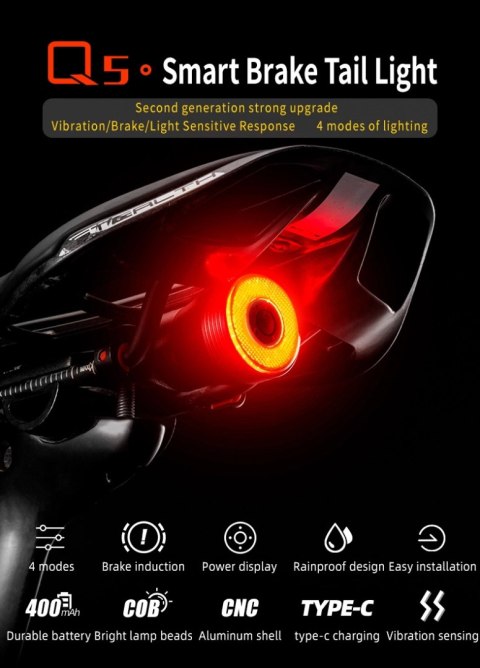 Lampka rowerowa Rockbros Q5 tylna z inteligentnym systemem stop - czarna Lampka rowerowa Rockbros Q5 tylna z inteligentnym systemem stop - czarna