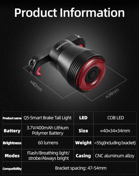 Lampka rowerowa Rockbros Q5 tylna z inteligentnym systemem stop - czarna Lampka rowerowa Rockbros Q5 tylna z inteligentnym systemem stop - czarna