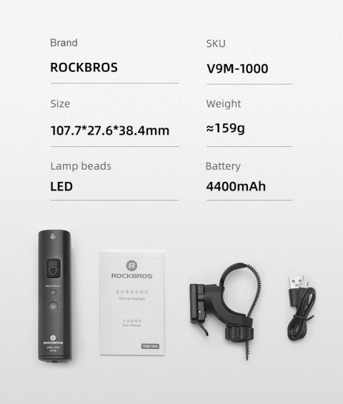 Lampka rowerowa Rockbros V9M-1000 przednia 1000lm - czarna Lampka rowerowa Rockbros V9M-1000 przednia 1000lm - czarna
