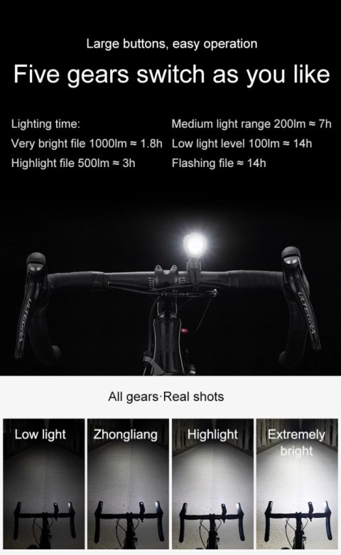 Lampka rowerowa Rockbros V9M-1000 przednia 1000lm - czarna Lampka rowerowa Rockbros V9M-1000 przednia 1000lm - czarna