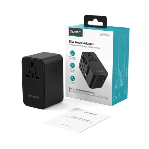 Adapter podróżny Choetech PD5020 35W EU / US / AUS / UK z wbudowanym kablem USB-C - czarny Adapter podróżny Choetech PD5020 35W EU / US / AUS / UK z wbudowanym kablem USB-C - czarny