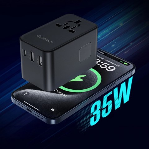 Adapter podróżny Choetech PD5020 35W EU / US / AUS / UK z wbudowanym kablem USB-C - czarny Adapter podróżny Choetech PD5020 35W EU / US / AUS / UK z wbudowanym kablem USB-C - czarny