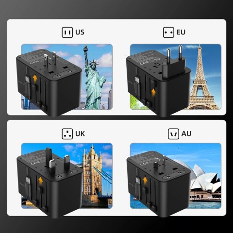 Adapter podróżny Choetech PD5020 35W EU / US / AUS / UK z wbudowanym kablem USB-C - czarny Adapter podróżny Choetech PD5020 35W EU / US / AUS / UK z wbudowanym kablem USB-C - czarny