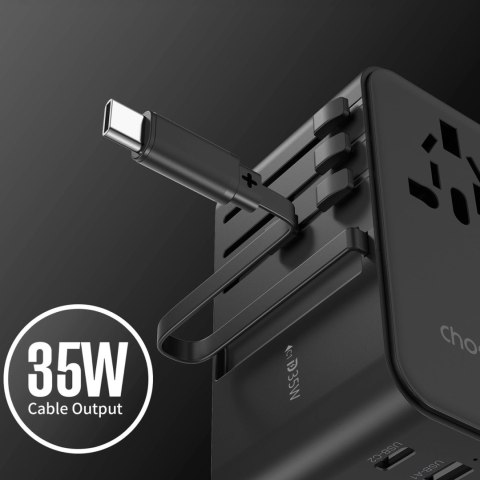 Adapter podróżny Choetech PD5020 35W EU / US / AUS / UK z wbudowanym kablem USB-C - czarny Adapter podróżny Choetech PD5020 35W EU / US / AUS / UK z wbudowanym kablem USB-C - czarny