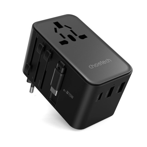 Adapter podróżny Choetech PD5022 70W EU / US / AUS / UK z wbudowanym kablem USB-C - czarny Adapter podróżny Choetech PD5022 70W EU / US / AUS / UK z wbudowanym kablem USB-C - czarny