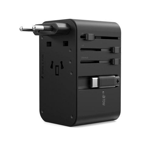 Adapter podróżny Choetech PD5022 70W EU / US / AUS / UK z wbudowanym kablem USB-C - czarny Adapter podróżny Choetech PD5022 70W EU / US / AUS / UK z wbudowanym kablem USB-C - czarny