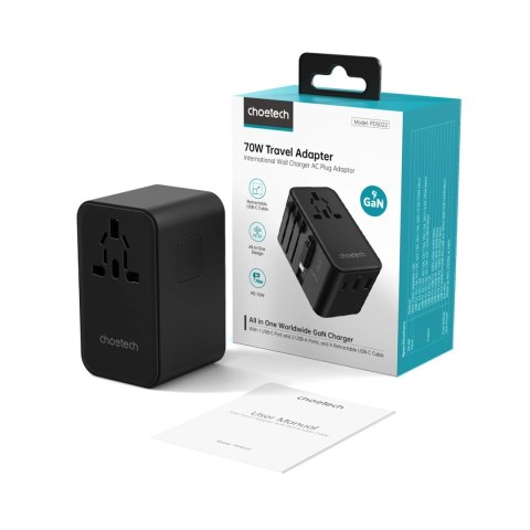 Adapter podróżny Choetech PD5022 70W EU / US / AUS / UK z wbudowanym kablem USB-C - czarny Adapter podróżny Choetech PD5022 70W EU / US / AUS / UK z wbudowanym kablem USB-C - czarny