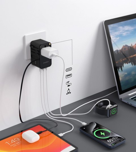 Adapter podróżny Choetech PD5022 70W EU / US / AUS / UK z wbudowanym kablem USB-C - czarny Adapter podróżny Choetech PD5022 70W EU / US / AUS / UK z wbudowanym kablem USB-C - czarny