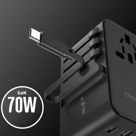 Adapter podróżny Choetech PD5022 70W EU / US / AUS / UK z wbudowanym kablem USB-C - czarny Adapter podróżny Choetech PD5022 70W EU / US / AUS / UK z wbudowanym kablem USB-C - czarny