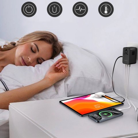 Adapter podróżny Choetech PD5022 70W EU / US / AUS / UK z wbudowanym kablem USB-C - czarny Adapter podróżny Choetech PD5022 70W EU / US / AUS / UK z wbudowanym kablem USB-C - czarny