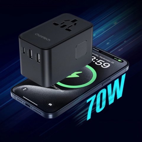 Adapter podróżny Choetech PD5022 70W EU / US / AUS / UK z wbudowanym kablem USB-C - czarny Adapter podróżny Choetech PD5022 70W EU / US / AUS / UK z wbudowanym kablem USB-C - czarny