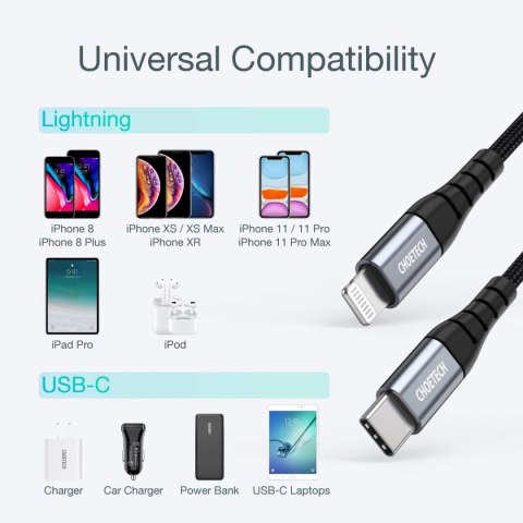 Kabel Choetech IP0042 USB-C / Lightning MFi 480Mb/s 3A 3m - czarny Kabel Choetech IP0042 USB-C / Lightning MFi 480Mb/s 3A 3m - czarny
