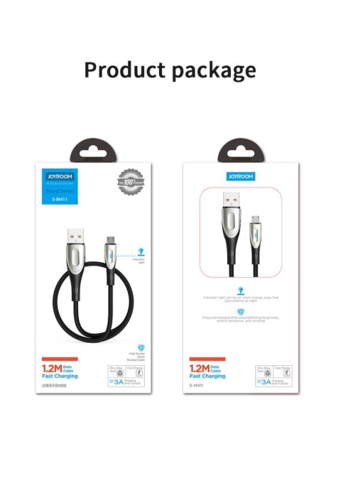 Kabel Joyroom Sharp Series S-M411 USB-A / micro USB 3A 2m ze wskaźnikiem ładowania - czarny Kabel Joyroom Sharp Series S-M411 USB-A / micro USB 3A 2m ze wskaźnikiem ładowania - czarny