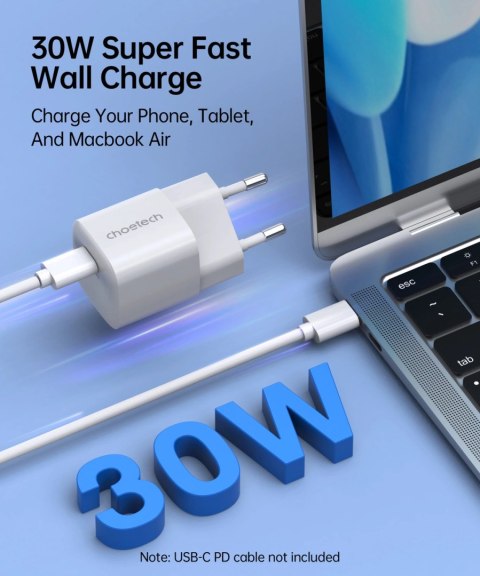 Ładowarka sieciowa Choetech PD5007 USB-C PD 30W GaN - biała Ładowarka sieciowa Choetech PD5007 USB-C PD 30W GaN - biała