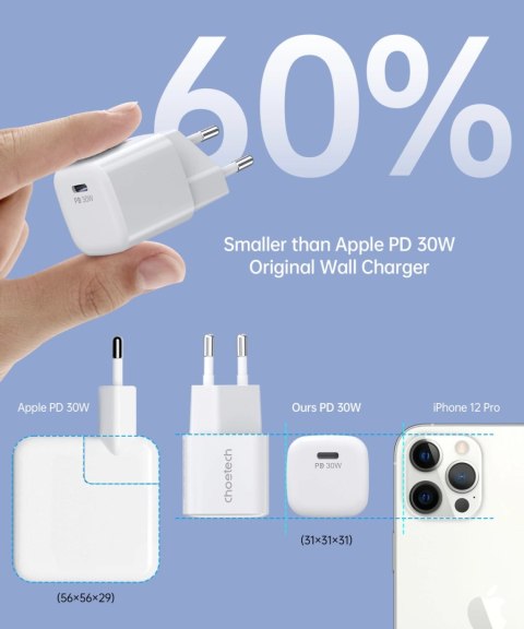 Ładowarka sieciowa Choetech PD5007 USB-C PD 30W GaN - biała Ładowarka sieciowa Choetech PD5007 USB-C PD 30W GaN - biała