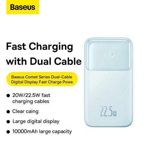 Powerbank Baseus Comet Series z wyświetlaczem 10000mAh 22.5W - niebieski + kabel USB-A - USB-C 0.3m - biały Powerbank Baseus Comet Series z wyświetlaczem 10000mAh 22.5W - niebieski + kabel USB-A - USB-C 0.3m - biały