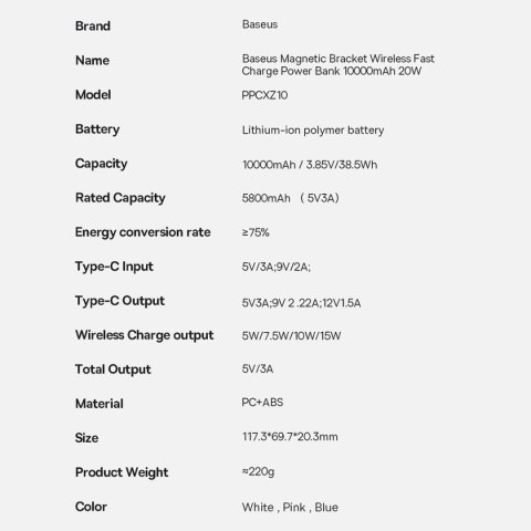 Powerbank Baseus Magnetic Bracket 10000mAh 20W z MagSafe - różowy + kabel USB-C 60W 0.5m