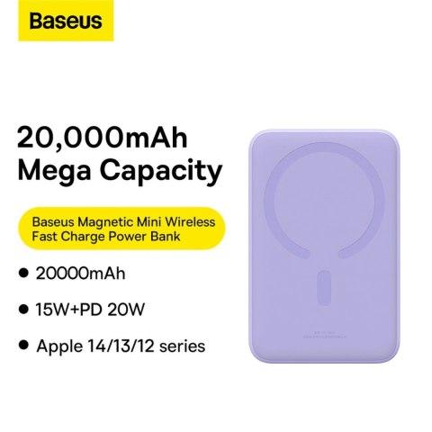 Powerbank Baseus Magnetic Mini 20000 mAh 20W - fioletowy + kabel USB-C / USB-C Powerbank Baseus Magnetic Mini 20000 mAh 20W - fioletowy + kabel USB-C / USB-C