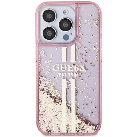 Etui Guess Liquid Glitter Gold Stripes na iPhone 15 Pro - różowe